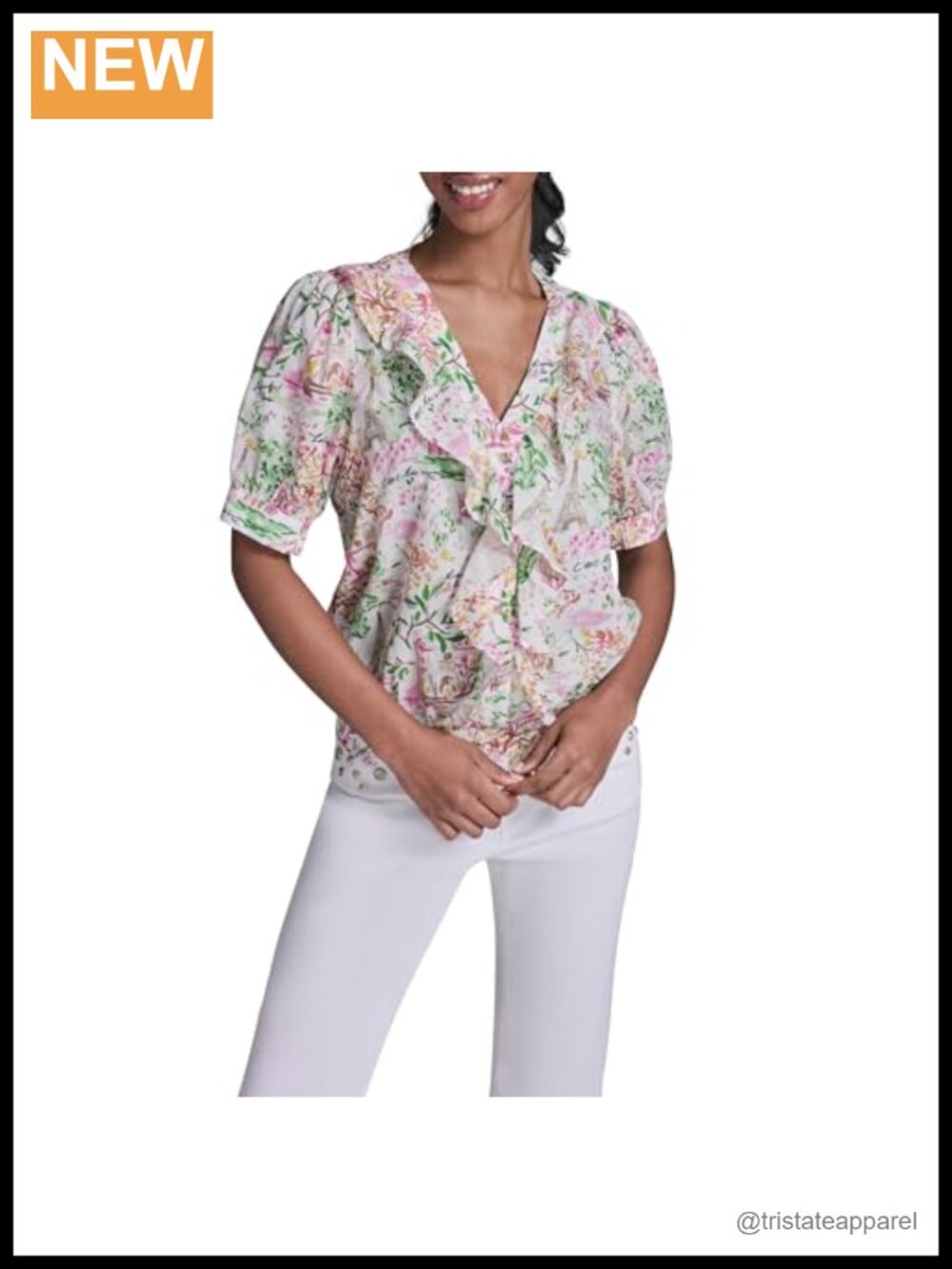Karl Lagerfeld Ruffle Blouse Floral Print 100% Cotton Cap Sleeve V-Neck